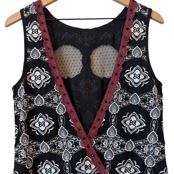 Free People Nights Embroidered Black & White Drop Waist Deep V Back Dress Size S - Picture 6 of 16